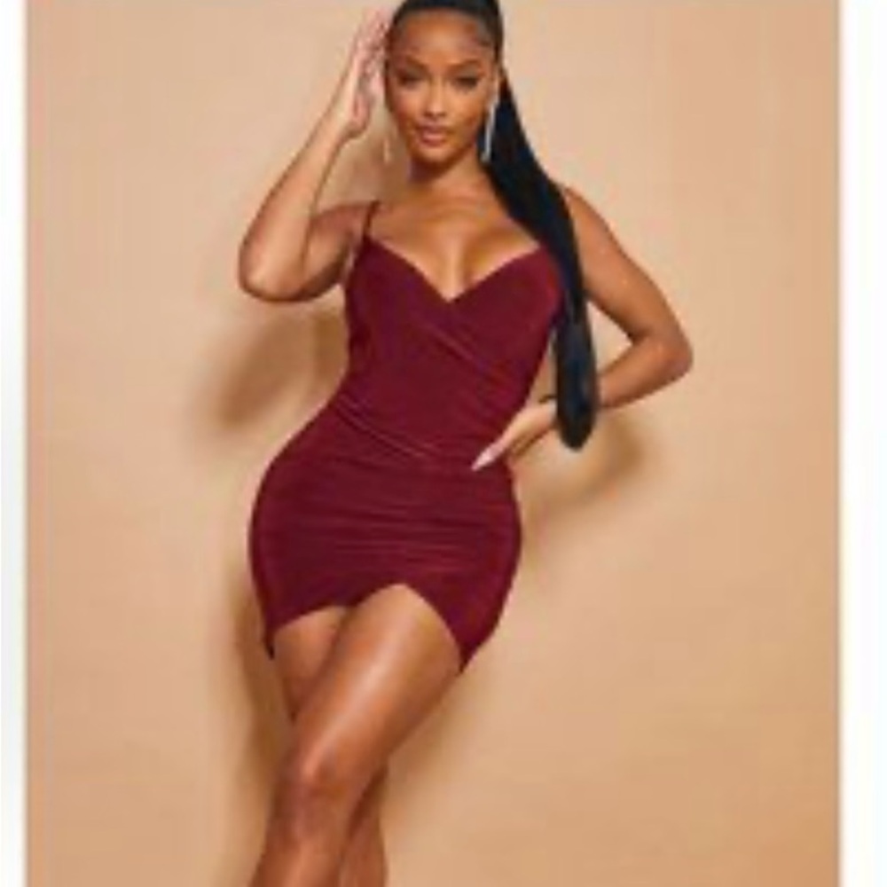 PrettyLittleThing | Dresses | Prettylittlething Burgundy Ruched Strappy Bodycon Dress Womens Size 4